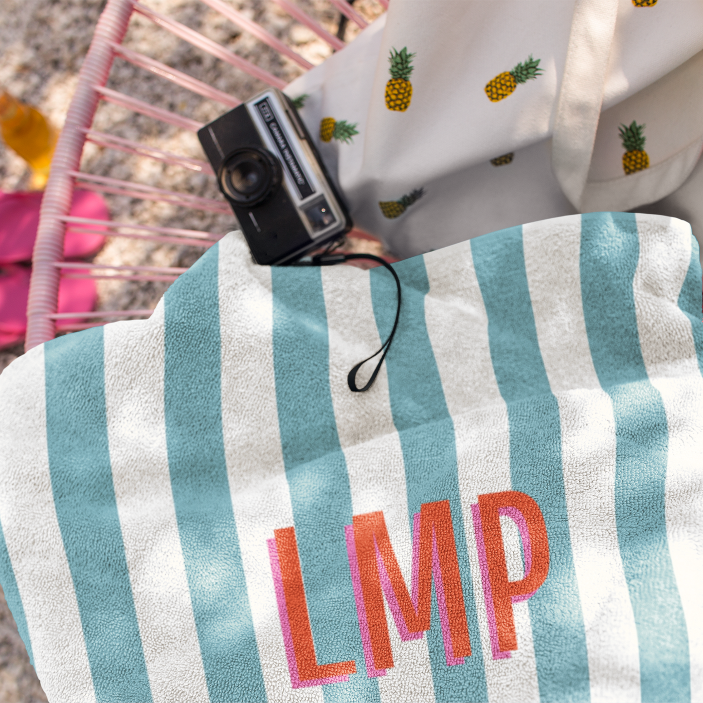 Personalized Monogram Blue Cabana Stripe Beach Towel