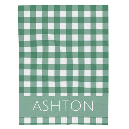 Green Gingham Name Minky Velveteen Plush Blanket