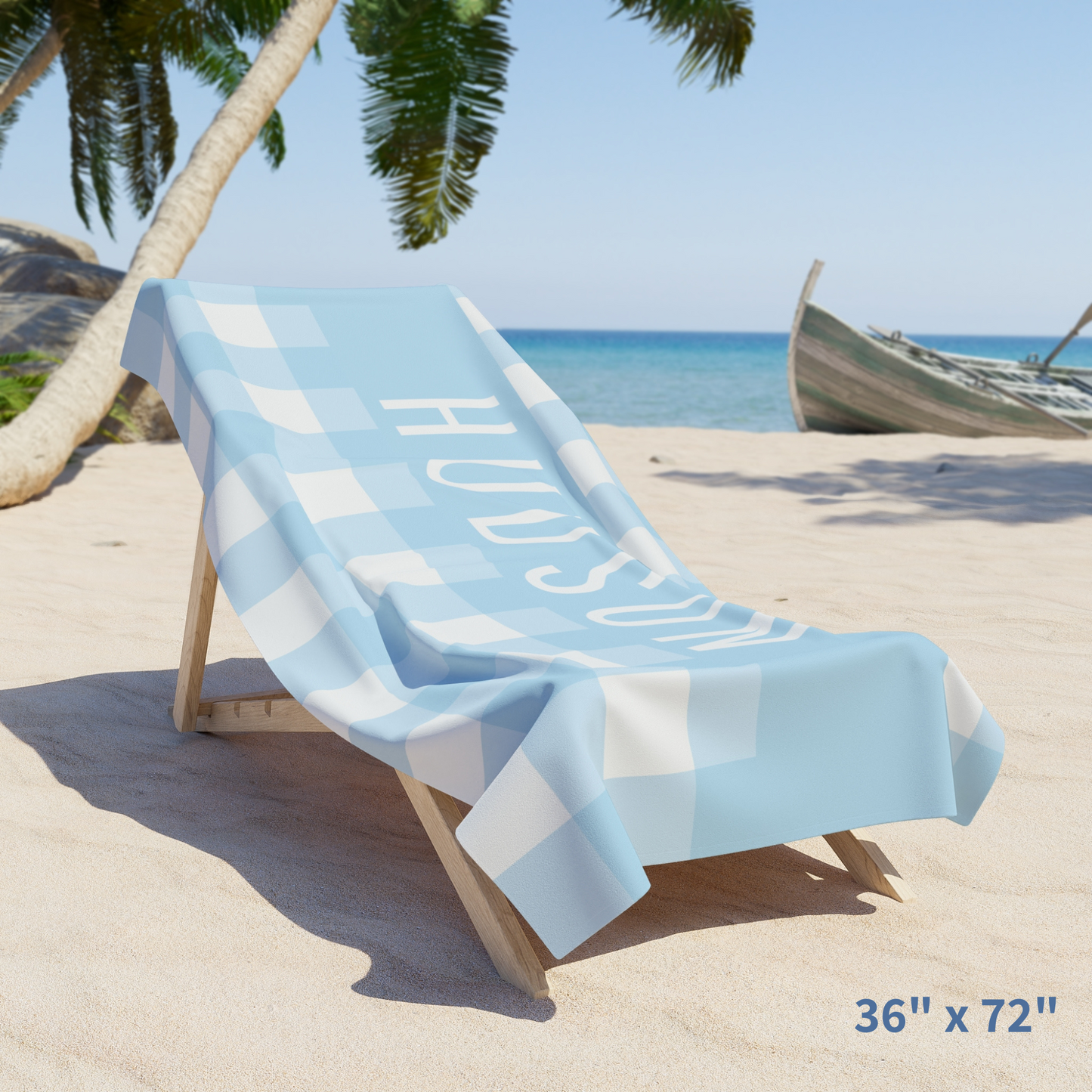 Personalized Light Blue Gingham Beach Towel