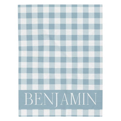 Gray Blue Gingham Name Minky Velveteen Plush Blanket