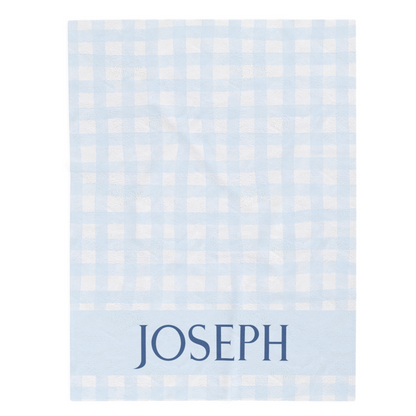 Light Blue Gingham Name Minky Velveteen Plush Blanket