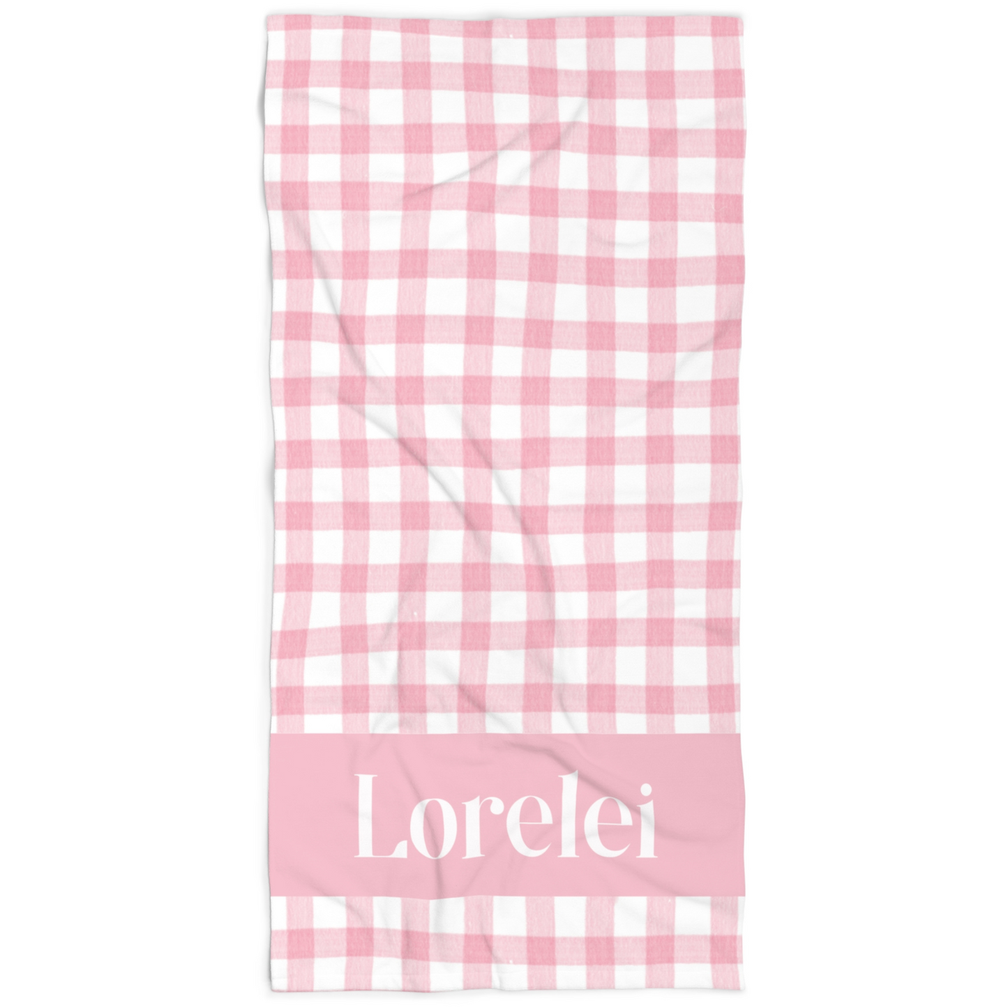 Personalized Rosy Pink Gingham Beach Towel