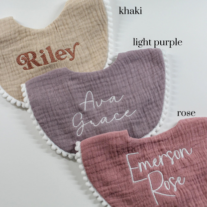 Pompom Trim Cotton Muslin Baby Bib