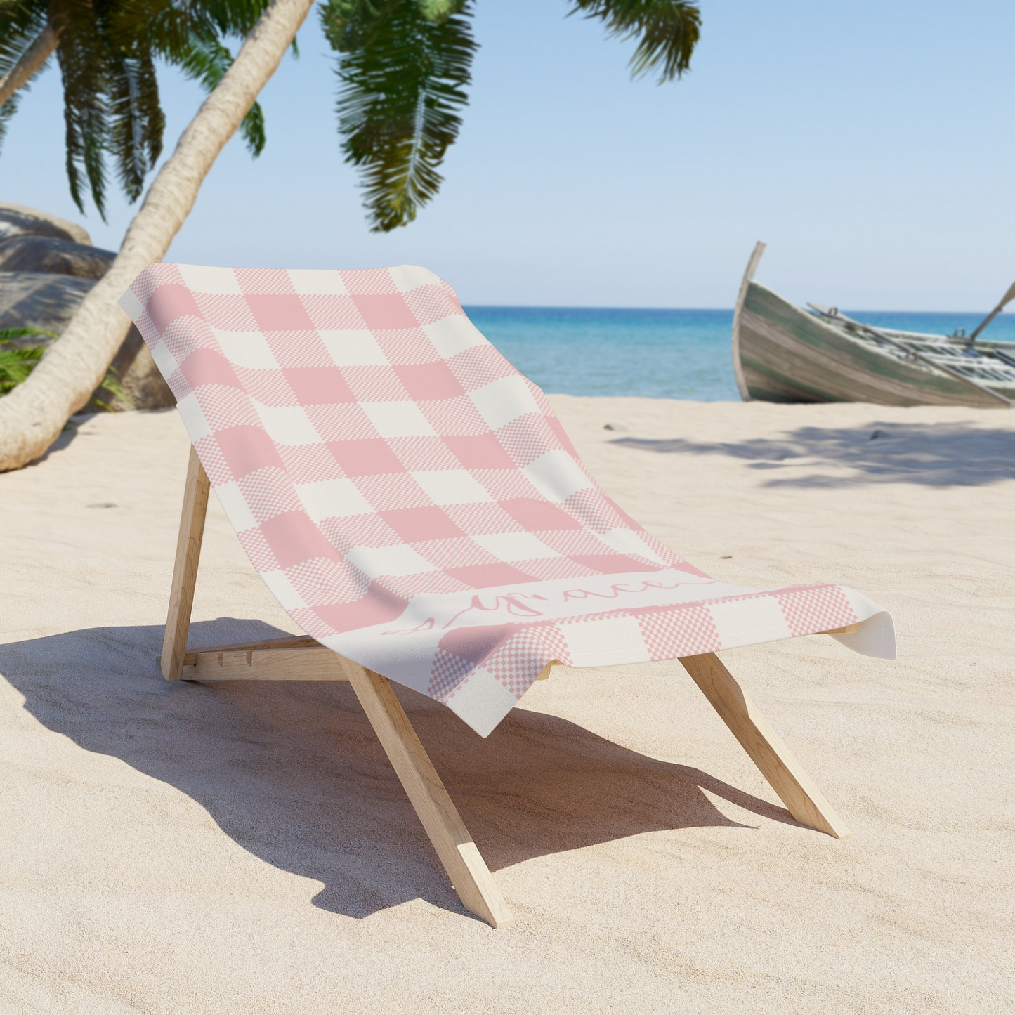 Bow Name Pink Gingham Beach Towel