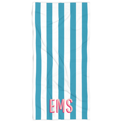 Personalized Monogram Teal Cabana Stripe Beach Towel