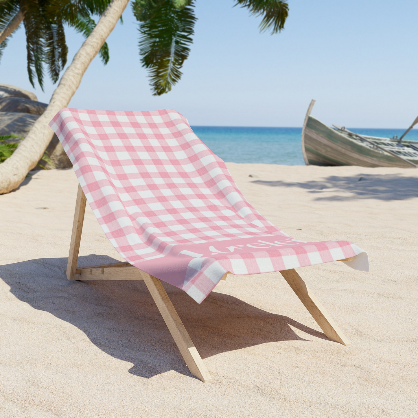 Personalized Rosy Pink Gingham Beach Towel