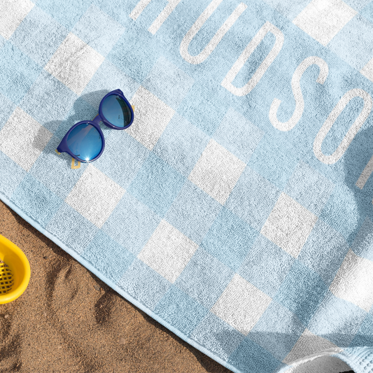 Personalized Light Blue Gingham Beach Towel