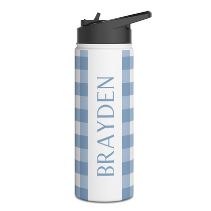 Blue Gingham Personalized Kids Water Bottle