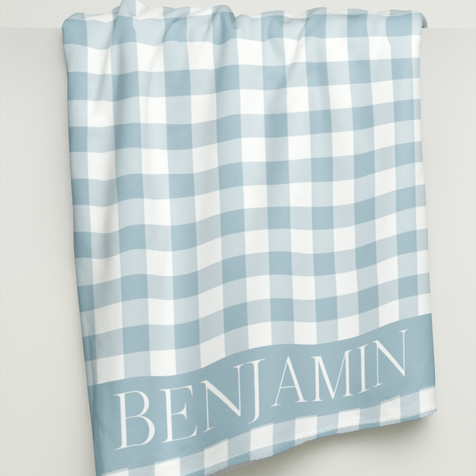 Gray Blue Gingham Name Minky Velveteen Plush Blanket