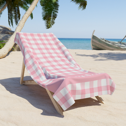 Personalized Rosy Pink Gingham Beach Towel