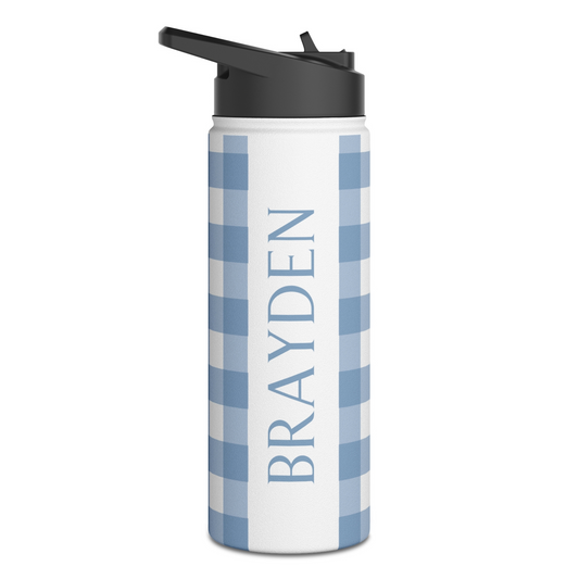 Blue Gingham Personalized Kids Water Bottle