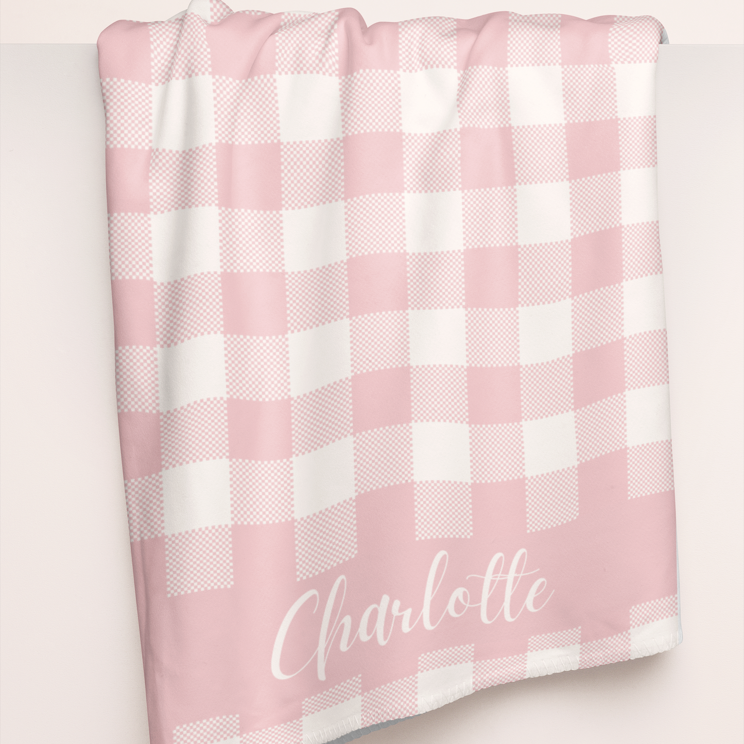 Pink Gingham Name Minky Velveteen Plush Blanket