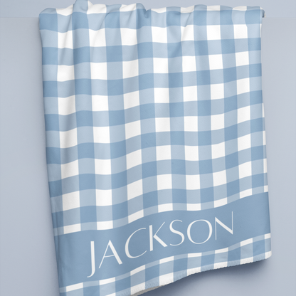 Blue Gingham Personalized Name Minky Velveteen Plush Blanket