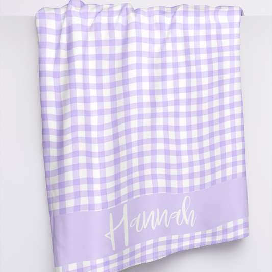 Purple Gingham Name Minky Velveteen Plush Blanket